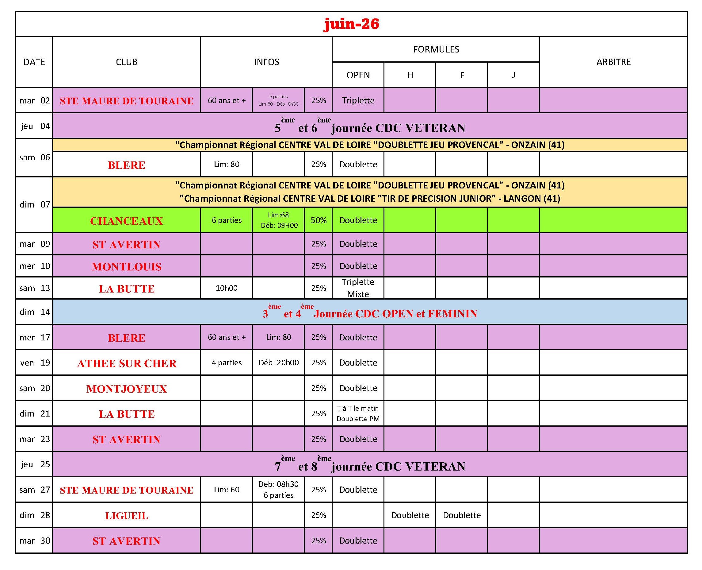 CALENDRIER 2026  JUIN