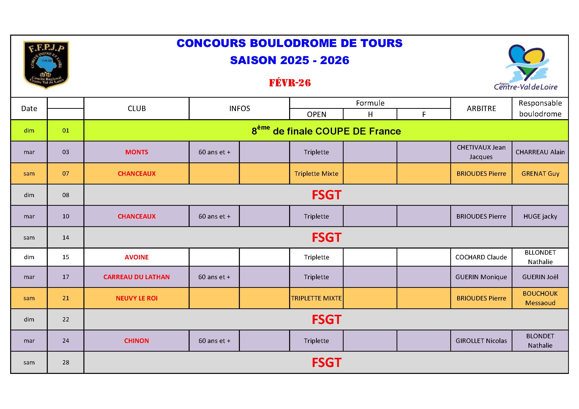 Calendrier Boulodrome fev2026