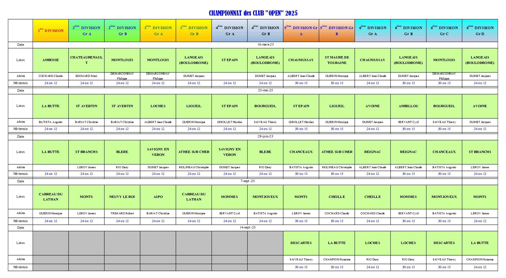 calendrier CDC OPEN 2025