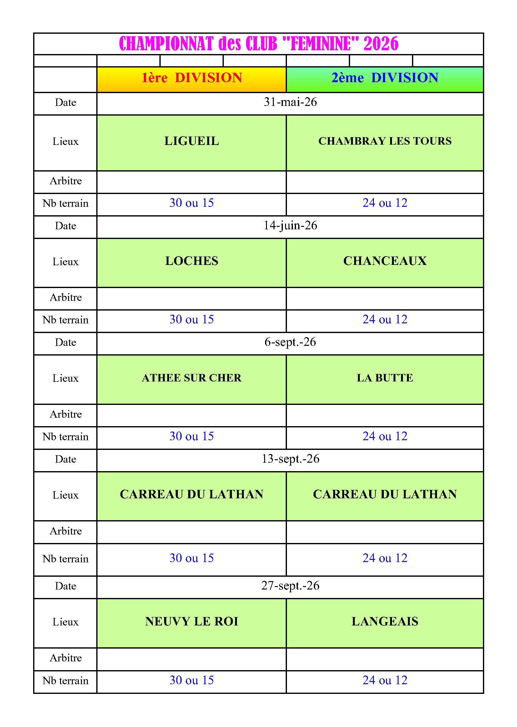 calendrier FEMININE CDC 2026