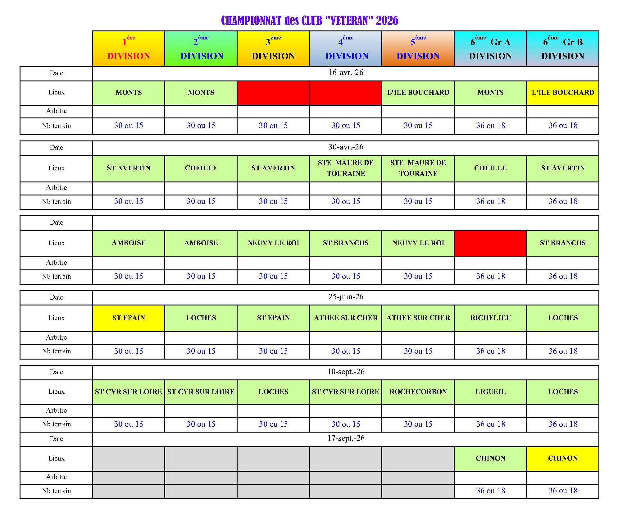 calendrier VETERAN CDC 2026