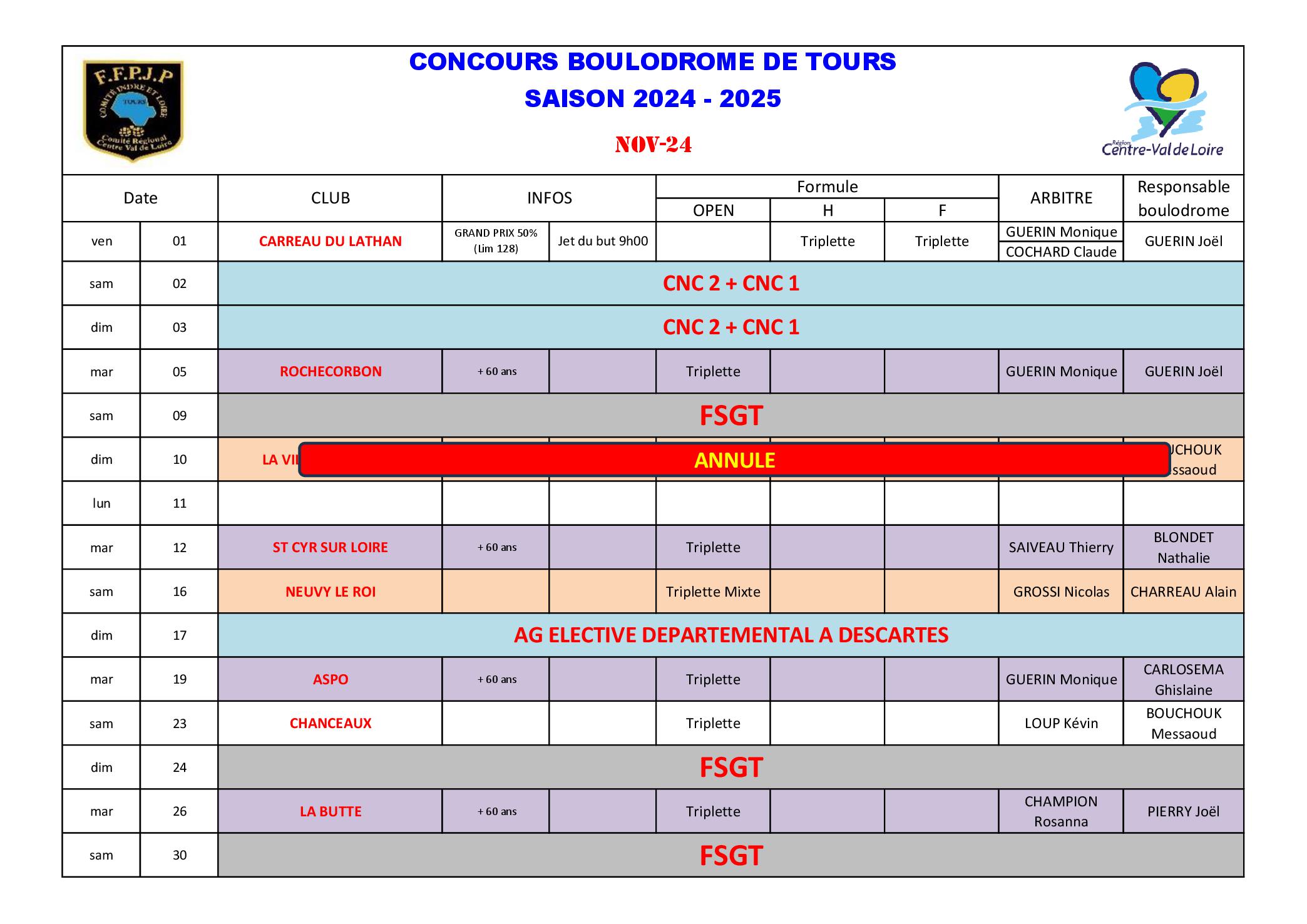 Calendrier Boulodrome 2024    20252