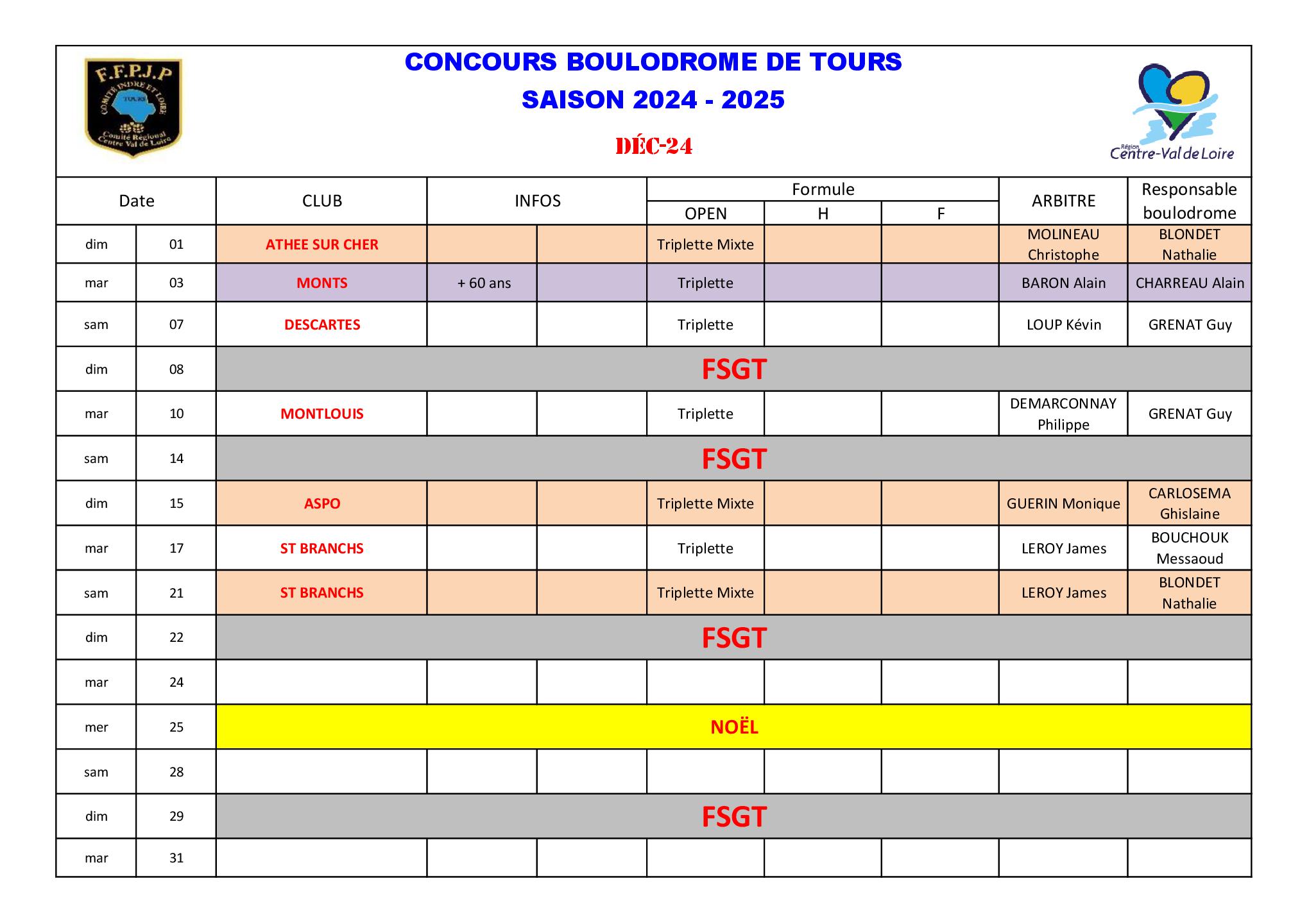 Calendrier Boulodrome 2024    20253