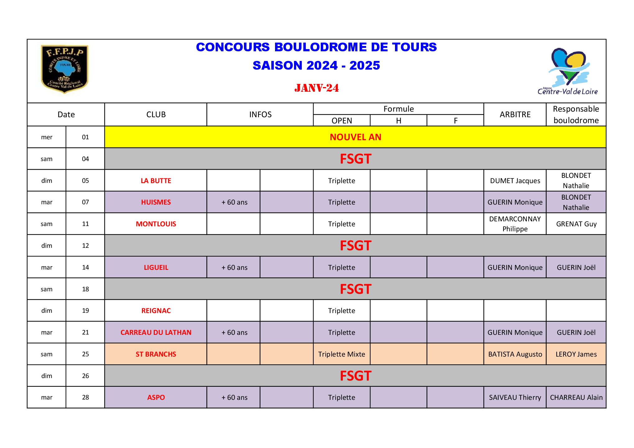Calendrier Boulodrome 2024    20254