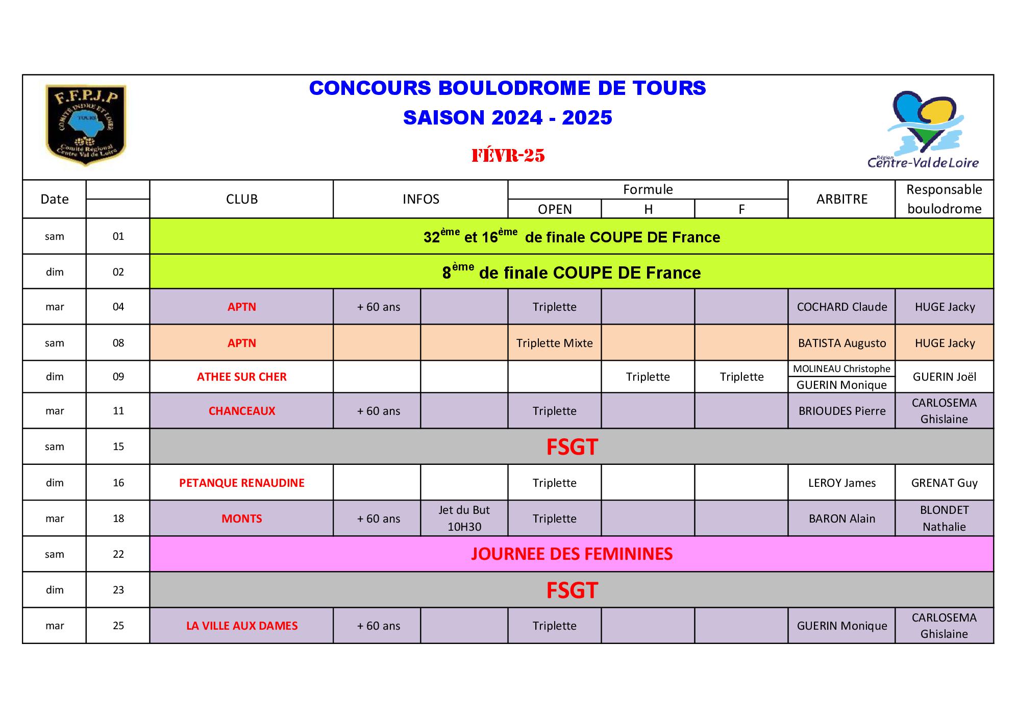 Calendrier Boulodrome 2024    20255