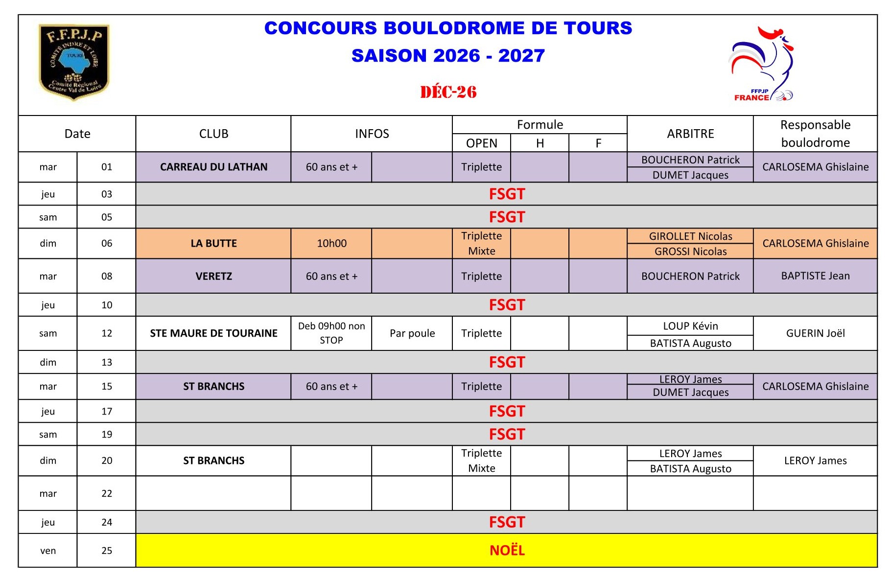 Calendrier Boulodrome 2026   2027 1 3