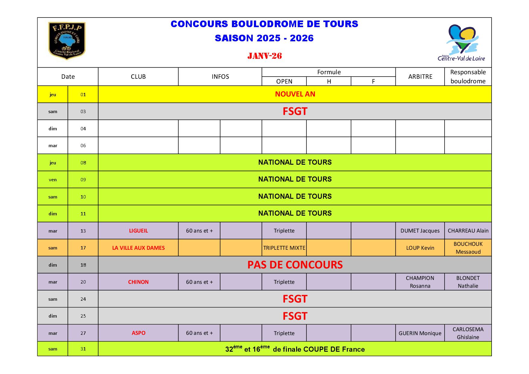 Calendrier Boulodrome jan2026