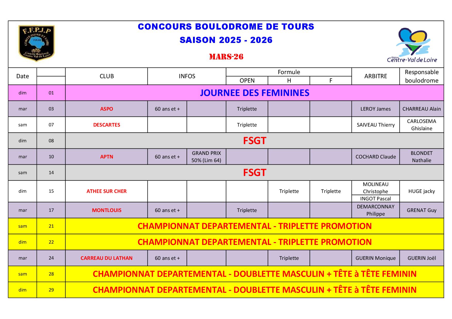 Calendrier Boulodrome mars2026